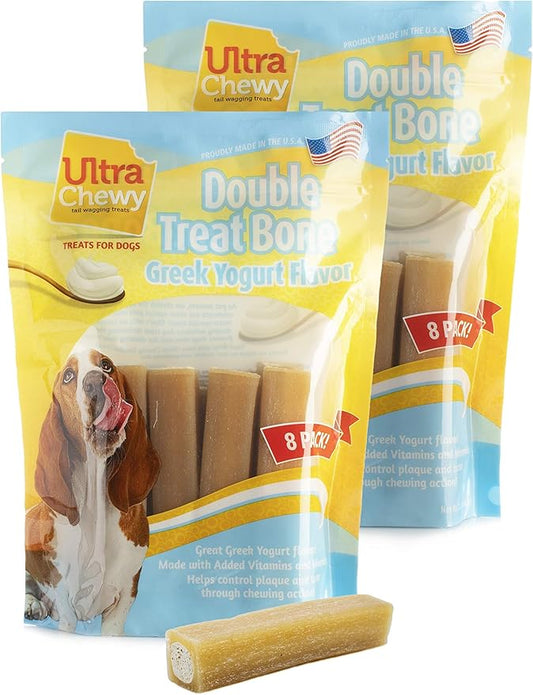 Ultra Chewy Double Treat Bones: Long-Lasting Dog Treats Made in USA for Large and Small Breeds, Highly Digestible, Ideal for Aggressive Chewers (Greek Yogurt, 2 Value Packs)