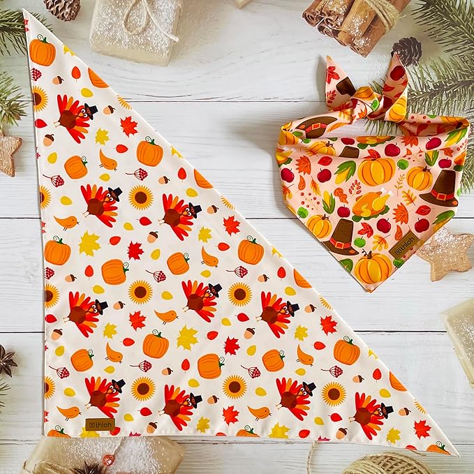 Thanksgiving Dog Bandanas - 2 Pack Reversible Fall Dog Scarf for Boy & Girl, Premium Durable Fabric, Autumn Bandana for Medium and Large Dogs (Large)