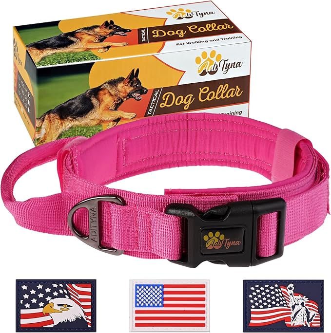 ADITYNA Tactical Dog Collar for Medium Girl Dogs - Soft Padded, Heavy Duty, Service, Adjustable, Military, K9 Pink Medium Collar with Handle for Training and Walking