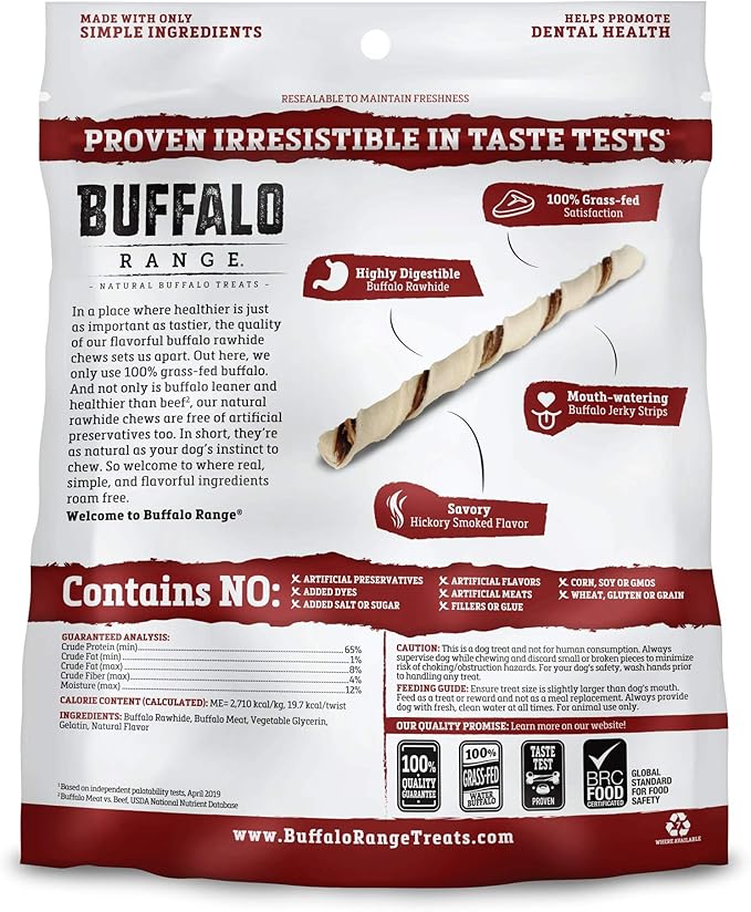 Rawhide-Free Dog Treats – Natural Jerky Twists Made with Grass-Fed Buffalo – Hickory Smoked Flavor High Protein Chews for Dogs – Healthy Rawhide Alternative – 40 Count