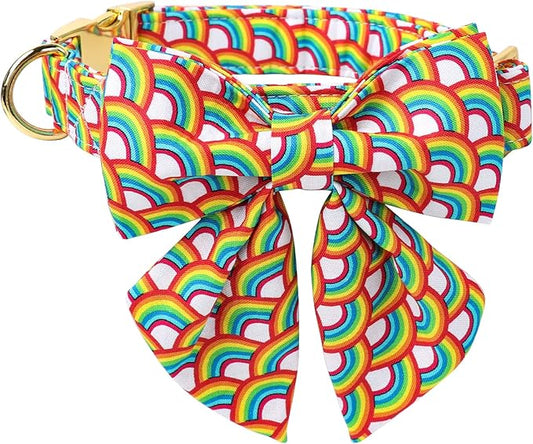 Lionet Paws Rainbow Dog Collar with Sailor Bow, Soft and Comfortable Adjustable LGBT Pride Collar for Large Dogs, Neck 16-24 inches