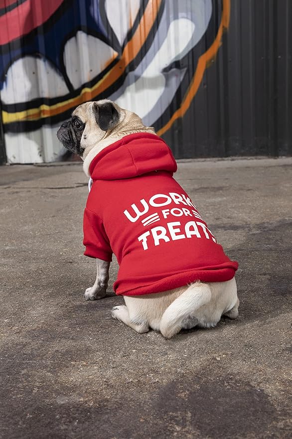 Works for Treats Dog Hoodie from Brass Monkey - Medium (22" Chest), Includes 2 White Drawstrings and Velcro Fasteners, Cute Dog Accessories with Vintage Inspired Designs, Great Gift for Dog Lovers!
