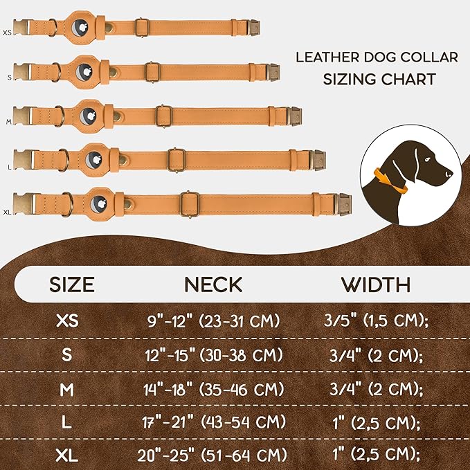 AirTag Dog Collar - Genuine Leather Dog Collar with Apple AirTag Holder and Metal Buckle - Smart GPS Tracking Pet Collars for Small Medium Large Dogs Puppy (Light Brown, L, 17"-21" Neck Fit)