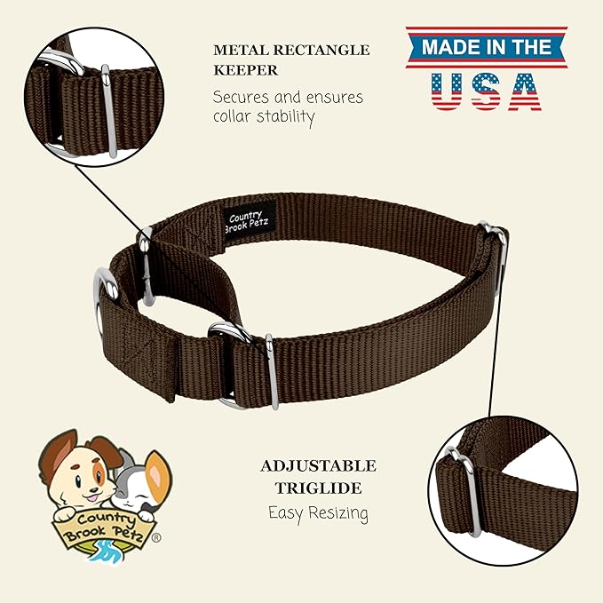 Country Brook Petz Martingale Dog Collar - Heavy-Duty Training Collar with No Buckle - Service Dog Collar for All Pups - Vibrant, Colorful Collection (Brown, 1 Inch, Extra Large)