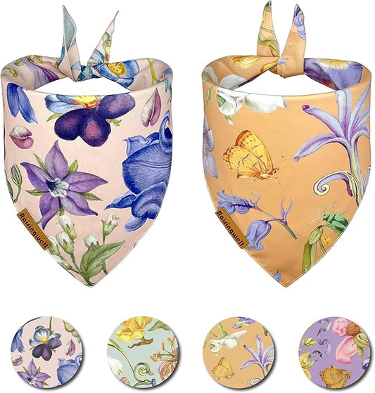 Summer Dog Bandanas 2 Pack, 4 Pattern Reversible Spring Flower Dog Bandana, Adjustable, Washable, Triangle Scarf for Medium to Large Breed Dogs, boy and Girl (Large)