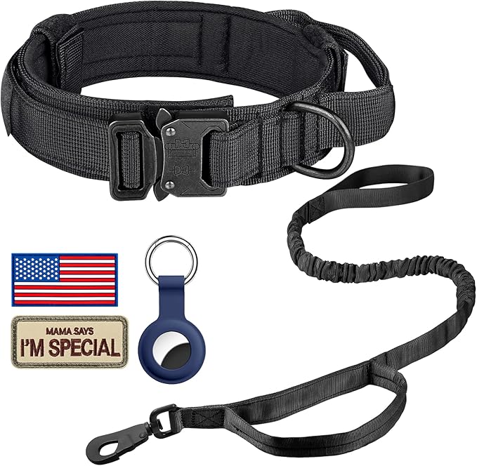 DAGANXI Tactical Dog Collar Leash Set, Adjustable Military Training Nylon Dog Collar with Controll Handle and Heavy Metal Buckle for Medium and Large Dogs,with Patches and Airtags Case (M, Black-Set)