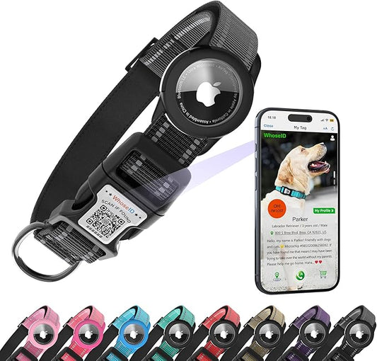 Dog Collar with QR Code, Reflective Dog Collar, Soft Neoprene Padded & Safety Locking Buckle Adjustable Pet Collar (Black, S-with Airtag Holder)