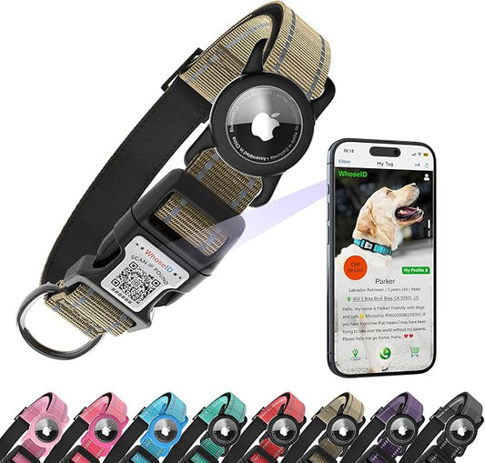Dog Collar with QR Code, Reflective Dog Collar, Soft Neoprene Padded & Safety Locking Buckle Adjustable Pet Collar (Brown, L-with Airtag Holder)