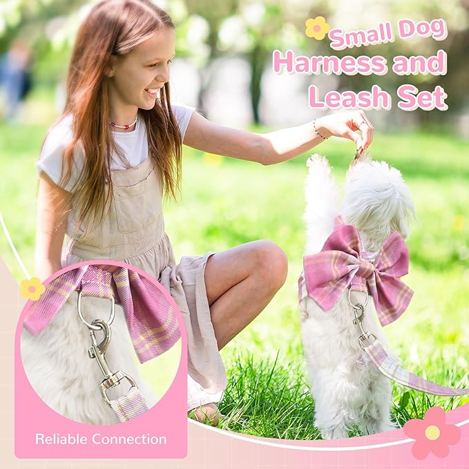 Cute Dog Harness and Leash Set with Bow Tie Soft Mesh Plaid Girl Puppy Harness No Pull Pet Cat Dog Vest Harness for Small Dogs Chihuahua Rabbit Outfit (Pink,XS)