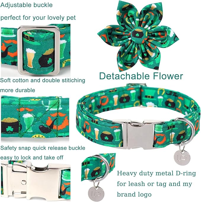 St. Patrick's Dog Collar with Flower, Cotton St. Patrick's Flower Collar for Girl Boy Dog, Lucky Shamrock Dog Collar with Metal Buckle, Green, Spring, S