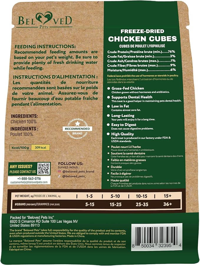 Beloved Pets Dog & Cat Treats Freeze Dried Chicken Cubes 5.5 oz - All Natural Meat Raw Pet Food - Human Grade High-Protein Snacks & Grain-Free Jerky Chews for Cats and Small Dogs