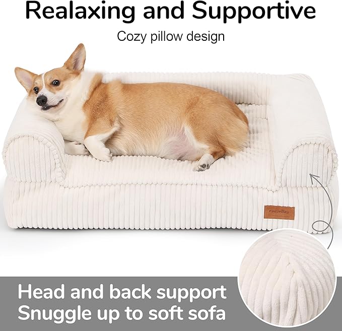 FUKUMARU Cute Dog Bed, Fluffy Pet Bed with TPU Layer Keeping Lining Dry, Dog Couch Medium Size Dogs Easy to Care, Warm Cat Bed with Removable Zipper Cover, 36inch, Large, Cream