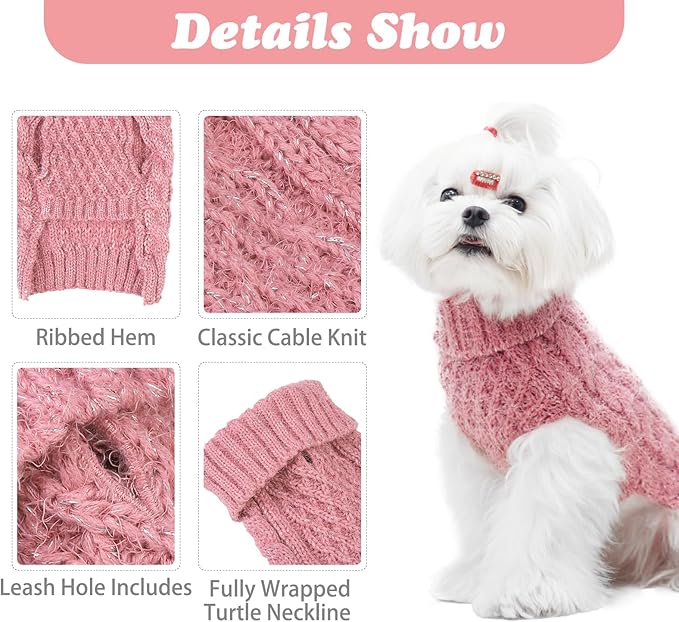Turtleneck Small Dog Sweaters - Classic Cable Knitwear Winter Coat for Small Medium Dogs Male Female Puppy Dog Cold Weather Clothes Girls Boys, Light Pink, XS