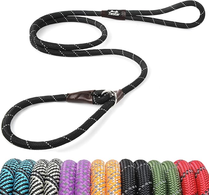 TwoEar Dog Slip Rope Leash - 1/2" x 6FT Heavy Duty Training Leash with Reflective Threads for Small to Large Dogs (Black)