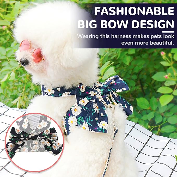 BAEJMJK Dog Harness and Leash Set with Bow Knot No Pull Pet Daisy Floral Harness with D-Ring Soft Mesh Dog Harness Vest Set Escape Proof Princess Puppy Harness for Small Girl Dogs Cats(Navy Blue M)