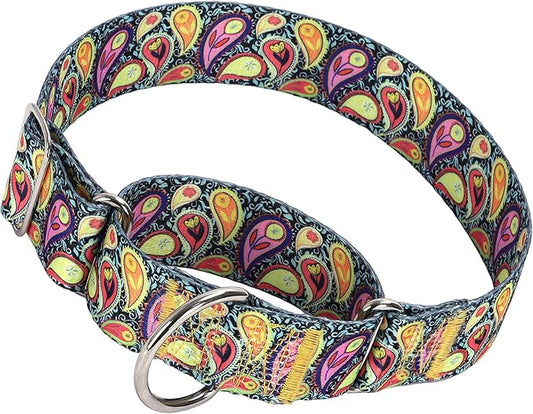 Martingale Dog Collar 1.5 Inch Wide - Heavy Duty Adjustable No-Pull Training Collar for Medium/Large Dogs, Cashew Flower Design Durable Nylon Collar (XL)