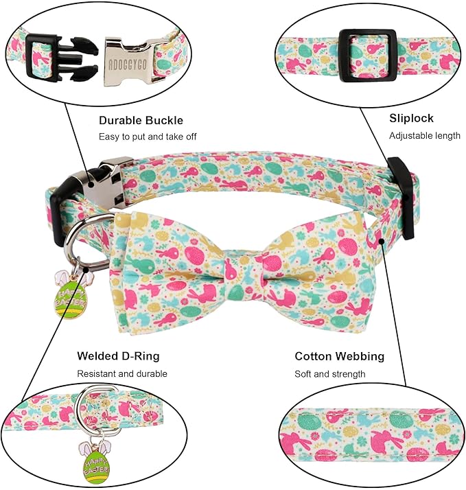 ADOGGYGO Easter Dog Collar with Detachable Bow, Adjustable Easter Bunny Bowtie Collar for Small Medium Large Dogs (Medium)