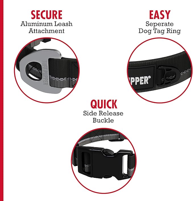 Tuff Pupper Heavy Duty Dog Collar | Reflective with Aluminum D-Ring Leash Clip | Separate Dog ID Tag Attachment | Easy Sizing for All Breeds