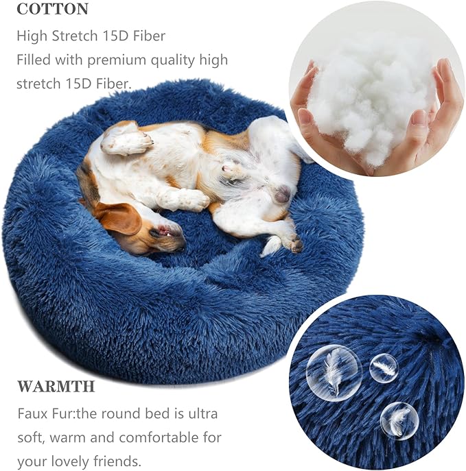 Calming Dog Bed for Medium Dogs Washable Donut 30 inches Anti-Slip Pet Bed,Round Fluffy Plush Faux Fur Cat Bed,Fits up to 45 lbs Pets,Navy Blue