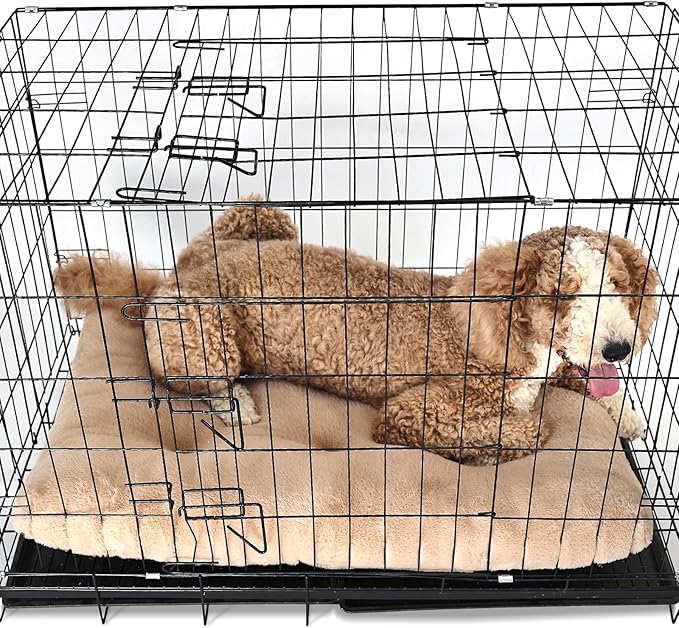 Dog Beds Large Sized Dog Washable fit Metal Crates or Kennel,Crate Pad 42x28 with Faux Fur Cage Mat for up to 70 lbs Pet,Extra Soft Crate Mat 42 inch Anti-Slip Bottom,Light Brown