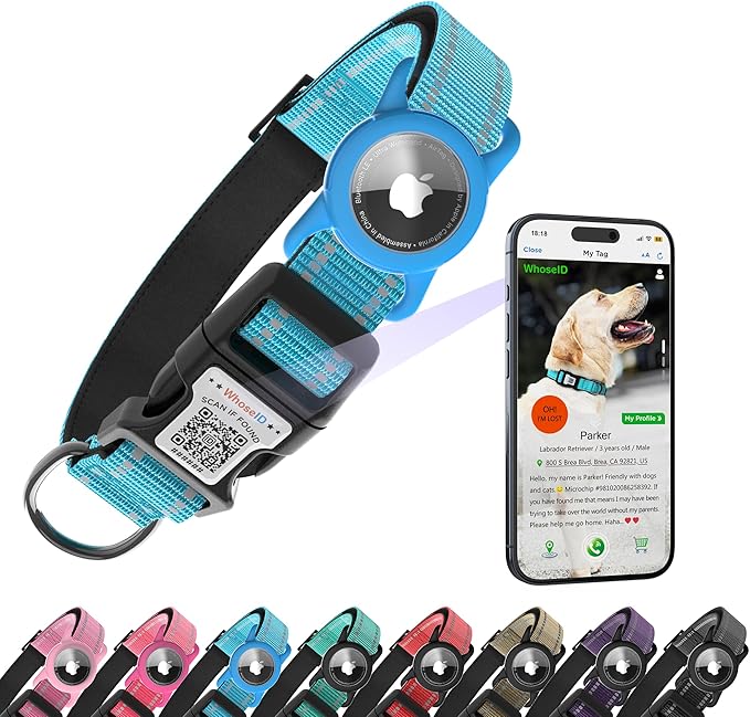 Dog Collar with QR Code, Reflective Dog Collar, Soft Neoprene Padded & Safety Locking Buckle Adjustable Pet Collar (Blue, M-with Airtag Holder)