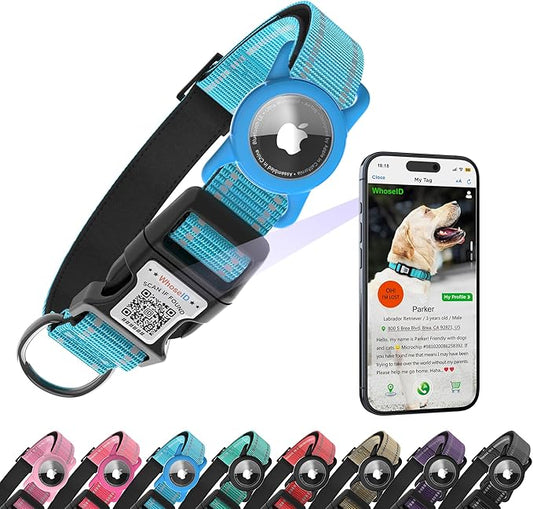 Dog Collar with QR Code, Reflective Dog Collar, Soft Neoprene Padded & Safety Locking Buckle Adjustable Pet Collar (Blue, M-with Airtag Holder)