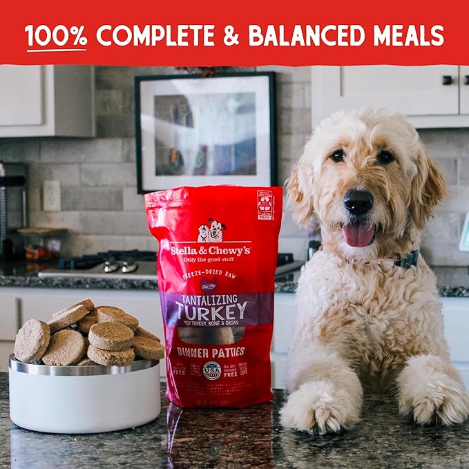 Stella & Chewy's Freeze-Dried Raw Dinner Patties - Turkey Recipe - High Protein Grain-Free Puppy & Dog Food - Perfect For Picky Eaters - 14 oz