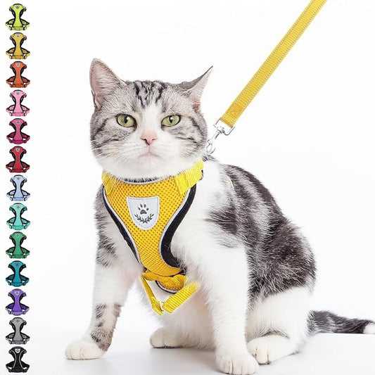 PUPTECK Cat Harness and Leash Set Escape Proof Reflective Cat Walking Harness Adjustable Soft Breathable Mesh Vest for Small Pets, Yellow, S