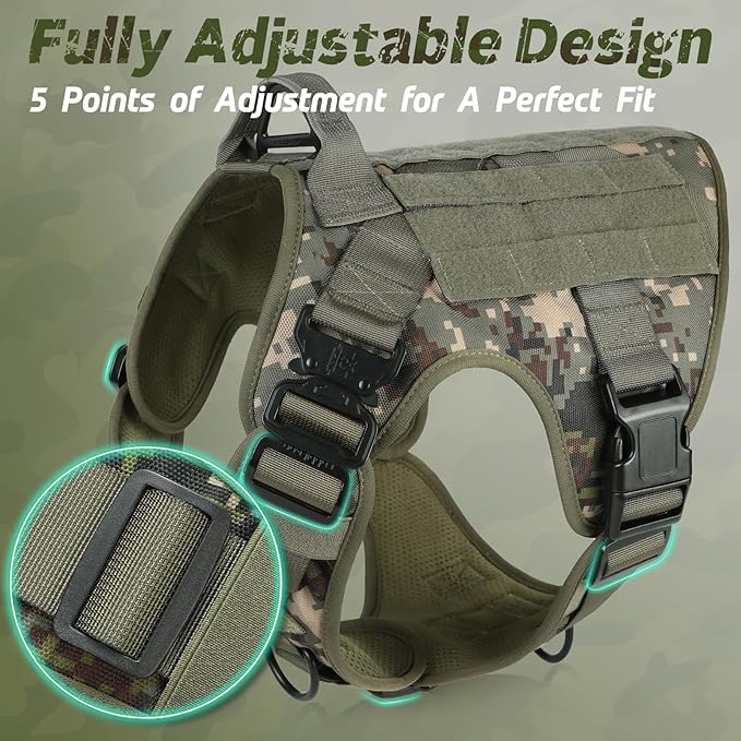 rabbitgoo Tactical Dog Harness for Large, Heavy Duty Pet Harness with Handle, No-Pull Service Vest Large Breed, Adjustable Military Dog Vest for Training Hunting Walking, Green Camo, XL