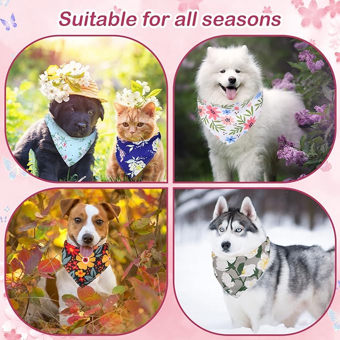 Sweetude 100 Pcs Floral Dog Bandanas Summer Flower Triangle Scarf Adjustable Costume Washable Outfit for Small to Large Pet