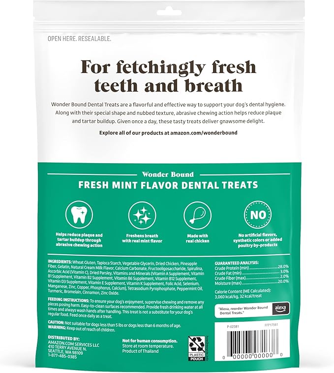 Amazon Brand - Wonder Bound Dog Dental Treats for Tiny Dogs (5-15 lbs), Fresh Mint Flavor, Made with Real Chicken, Nubbed Texture for Plaque & Tartar Control, Freshens Breath While Chewing, 43 Count