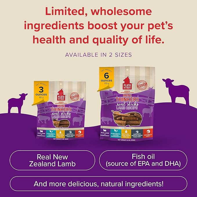 Plato Pet Treats Thinkers - Meat Stick Treats for Dogs - Limited Ingredient Dog Treats with EPA and DHA to Support Skin, Coat, and Brain - Air-Dried Dog Treats - Mini Thinkers Lamb 6oz