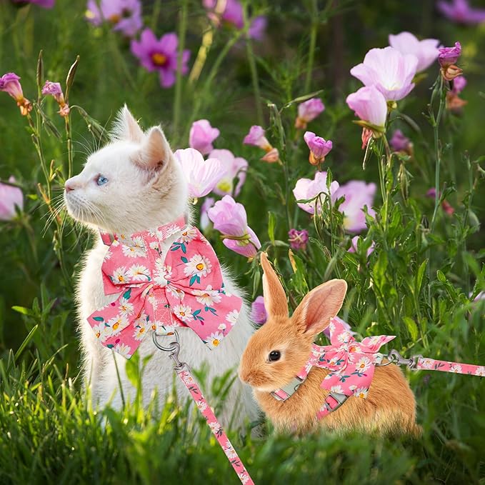 PAWCHIE Cat Harness and Leash Set with Bow Knot,Cats Escape Proof-Adjustable Daisy Floral Kitten Harness Soft Outdoor Walking Travel Pet Harness,Puppy Harness for Girl Cats Bunny Rabbit Small Dog,Pink