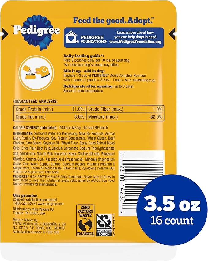 Pedigree High Protein Wet Dog Food Pouches, Beef and Pork Tenderloin Flavor Cuts in Gravy, 3.5 oz. Pouches, 16 Count