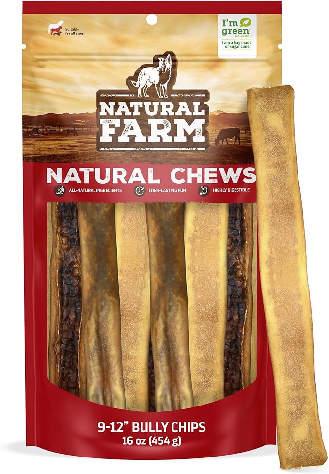 Natural Farm Bully Chips (9-12 Inch, 16 Oz.), Digestible Beef Cheek from Grass-Fed Cows, Non-GMO, Grain-Free, Natural Long-Lasting Dog Chews for Small, Medium & Large Dogs, Great Rawhide Alternative