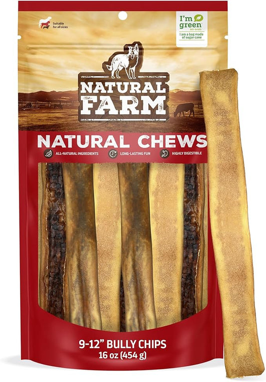 Natural Farm Bully Chips (9-12 Inch, 16 Oz.), Digestible Beef Cheek from Grass-Fed Cows, Non-GMO, Grain-Free, Natural Long-Lasting Dog Chews for Small, Medium & Large Dogs, Great Rawhide Alternative