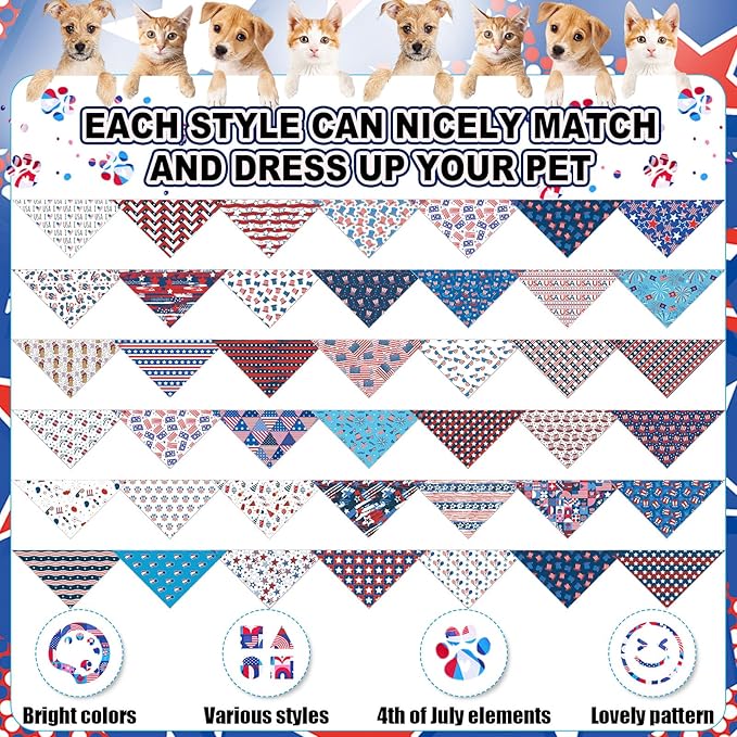 Sanwuta 120 Pcs Patriotic Dog Bandanas Bulk 4th of July Pet Scarves Adjustable Soft Cute Dog Triangle Scarfs for Medium Small Dogs Cats Large Puppy