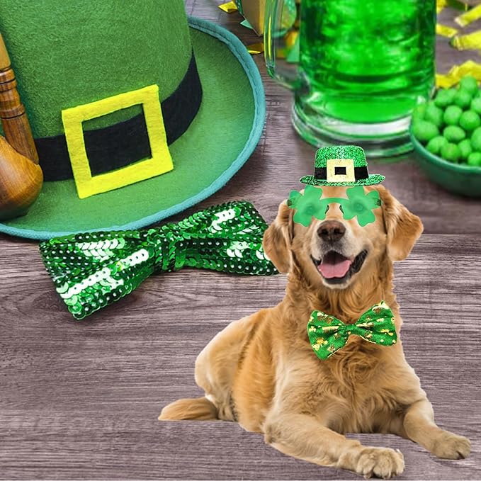 St Patrick's Day Dog Costume 3 Pcs Irish Leprechaun Green Tall Hat Pet Shamrock Sunglasses Bow Tie Kit for Large Dogs Saint Patricks Day Parties Dog Outfits (Large, Irish buckle hat bowtie sunglasses)