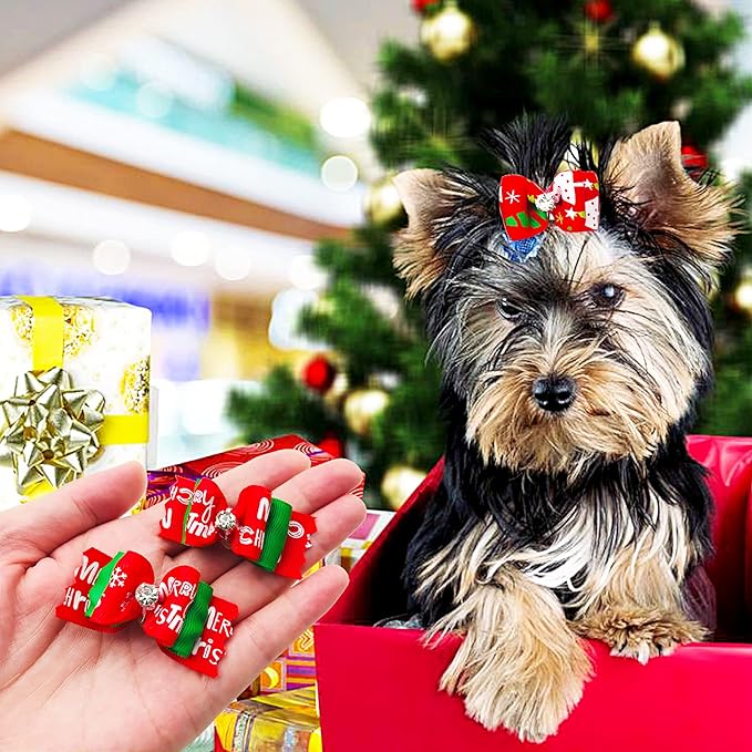 PET SHOW 50pcs Christmas Dog Hair Bows with Rubber Bands Bulk for Small Medium Dogs Xmas Holiday Puppies Cats Kittens Rabbits Topknot Grooming Costumes Hair Accessories