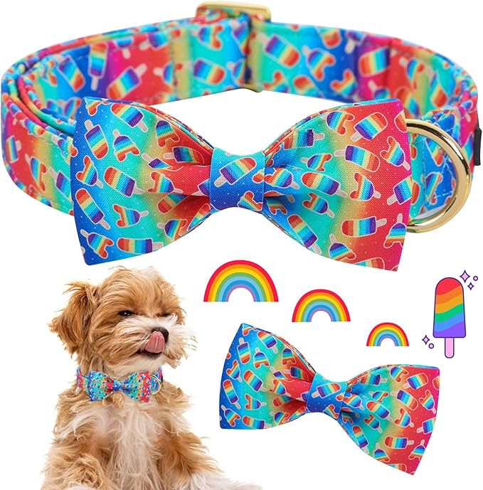 ARING PET LGBTQ Rainbow Popsicle Dog Collar with Bow, Cotton Pride Bowtie Pet Collar with Metal Buckle