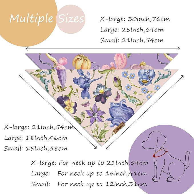Summer Dog Bandanas 2 Pack, 4 Pattern Reversible Spring Flower Dog Bandana, Adjustable, Washable, Triangle Scarf for Medium to Extra Large Breed Dogs, boy and Girl (X-Large)