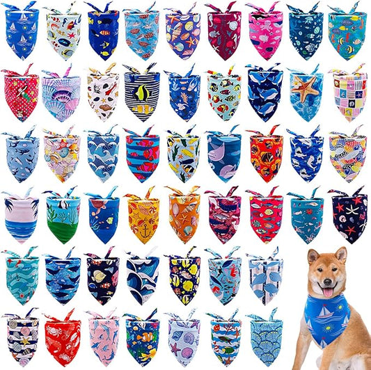 100PCS Dog Bandanas Bulk Sea Animals Summer Beach for Small Medium Dog Shark Turtle Sea Star Dolphins Kerchief Triangle Bibs Scarves for Boys and Girls Grooming Accessories