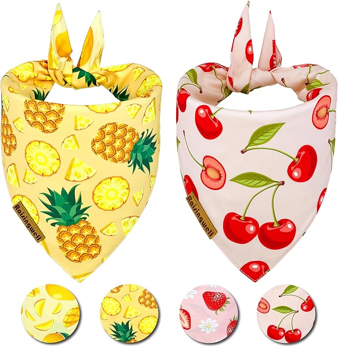 Summer Fruit Dog Bandanas 2 Pack 4 Pattern Reversible, Holiday Bandana for Boy and Girl, Premium Durable Fabric, Party Triangle Scarf for Small to Medium Breed Dogs(Small)