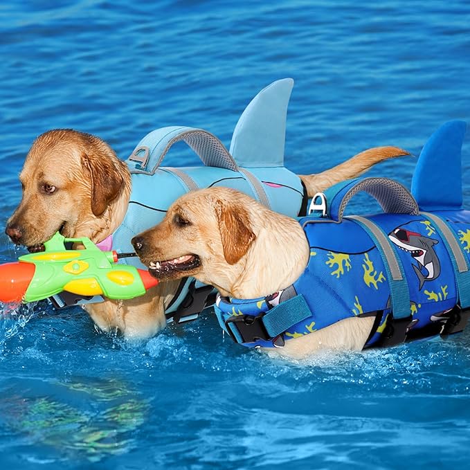 AOFITEE Dog Life Vest for Swimming, Shark Dog Life Jacket Large, High Flotation Dogs Swimming Vest with Rescue Handle and Reflective Stripe, Dogs Lifesaver Swimsuit for Boating Summer Pool Beach, XL