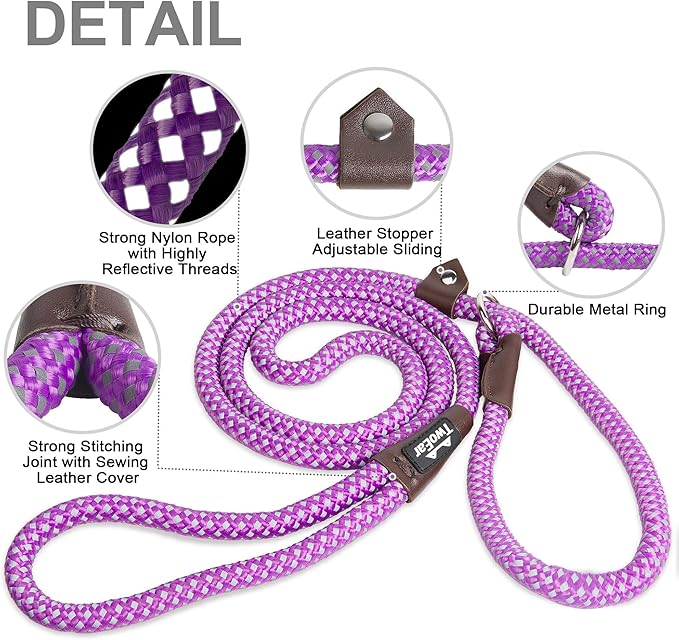 TwoEar Dog Leash Dog Slip Rope Leash 1/2" x 6FT Dog Training Leash Heavy Duty Strong Slip Lead Highly Reflective Threads for Small Medium and Large Dogs(Purple)
