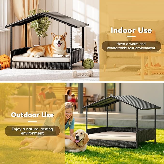 Greesum Wicker Dog House for Small/Medium Dogs, Outdoor Indoor Elevated Dog Shelter Dog Bed with Cushion, for Deck, Patio, Yard, Pool, Black House