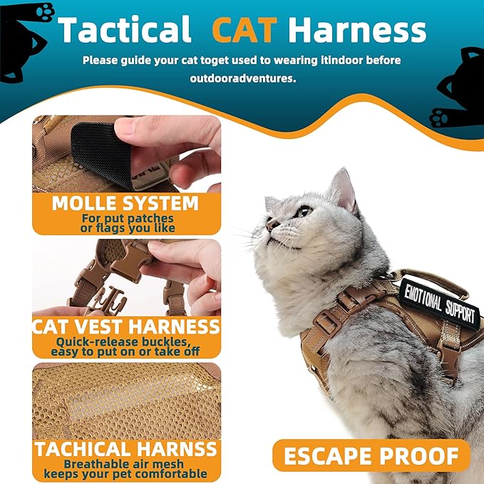 Tactical Cat Harness and Leash Khaki for Walking Esacpe Proof, Adjustable Soft Mesh Large Cat Vest with Handle Easy to Control,Molle Patches L