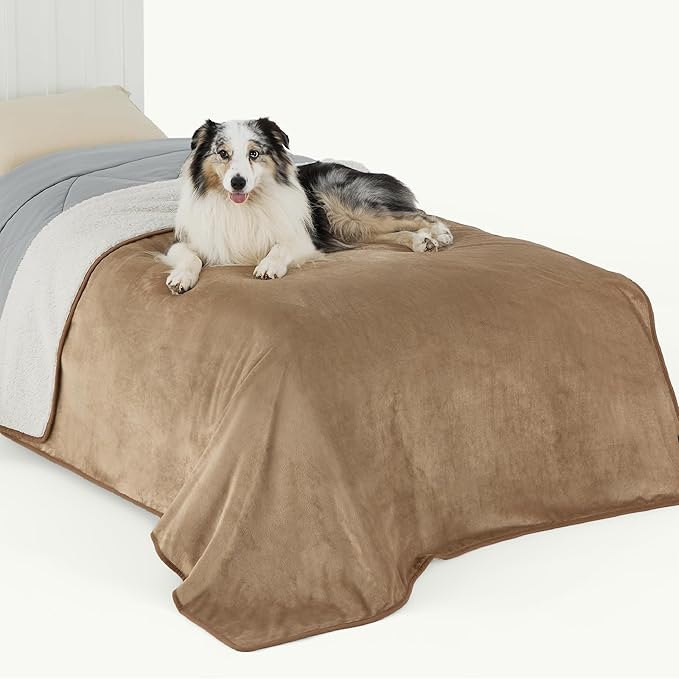 Bedsure Waterproof Blanket for Bed - Sherpa Fleece Waterproof Dog Blankets for Large Dogs, Pet Blankets for Bed/Couch/Dog Crate, Soft Plush Reversible Furniture Protector, Twin Size, 80"x60", Camel