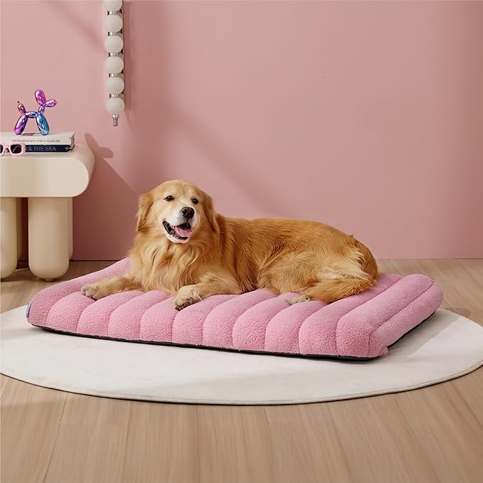 Lesure Cute Orthopedic Dog Bed for Extra Large Dogs, XL Waterproof Chic Flat Pet Beds with Removable Washable Cover, Fuzzy Thick Egg Crate Foam Pet Mat for Indoor Use (44" x 32", Pink)