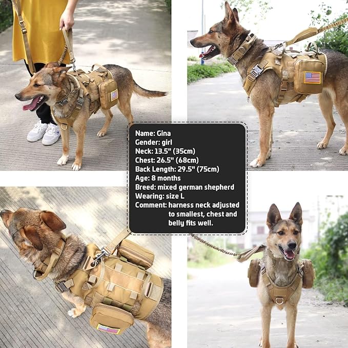 Forestpaw Tactical Dog Harness for Large Dogs,Tactical Dog Collar with Bungee Leash Set,No Pull Military Dog Harness for Walking Training,Adjustable for Medium Large Dogs,Khaki,Chest 15.5-25.5"